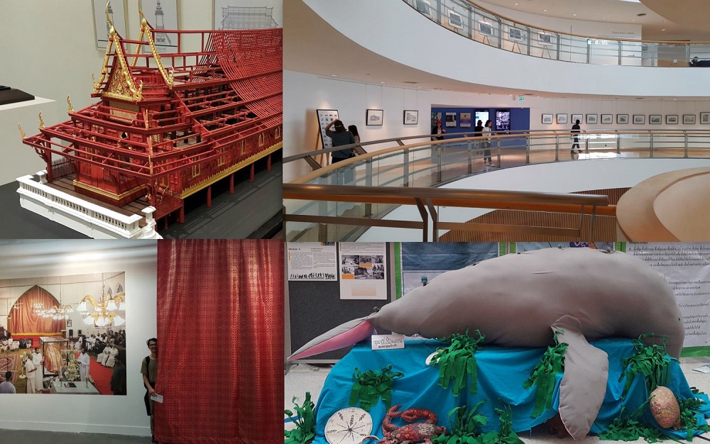 BACC dan aktivitasnya: instalasi berbentuk dugong oleh Amnesty International Thailand (kanan bawah), pameran fotografi (kiri bawah) dan arsitektur vernakular (kiri atas).